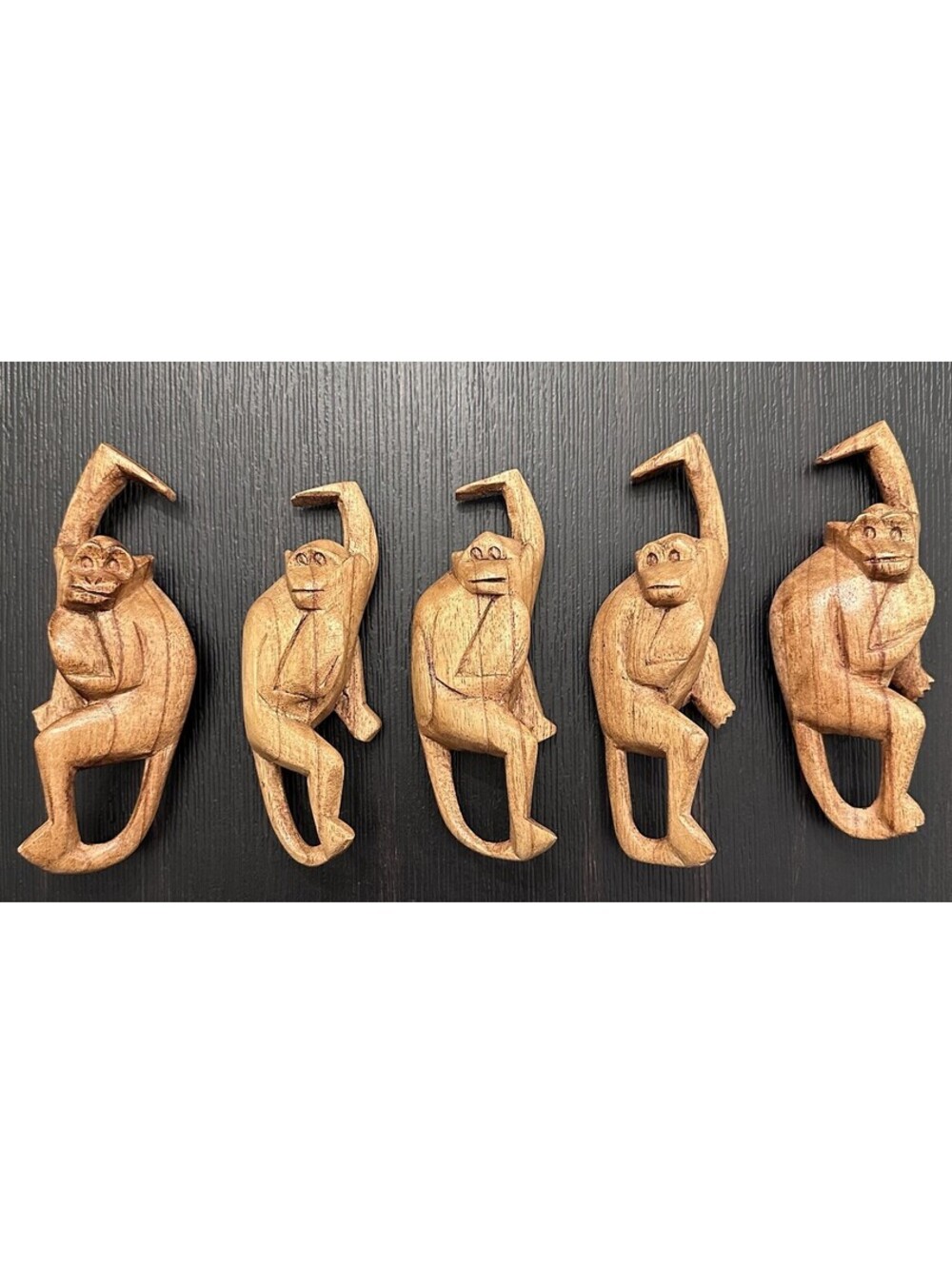 Vintage Hand-Carved Wooden Hanging Monkey 5 Piece Set MCM Boho Decor VGC
